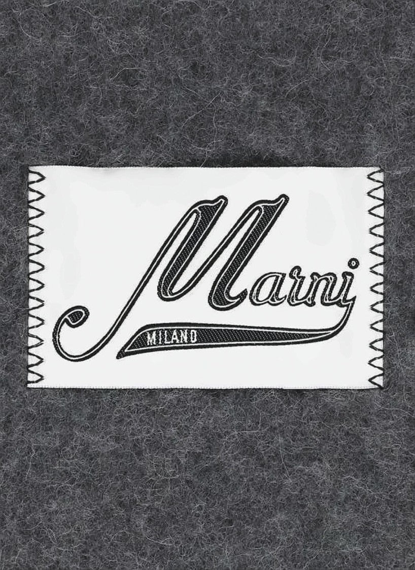 Marni Textured Deep Charcoal Grey Scarf With Fringed Ends And Signature Patch