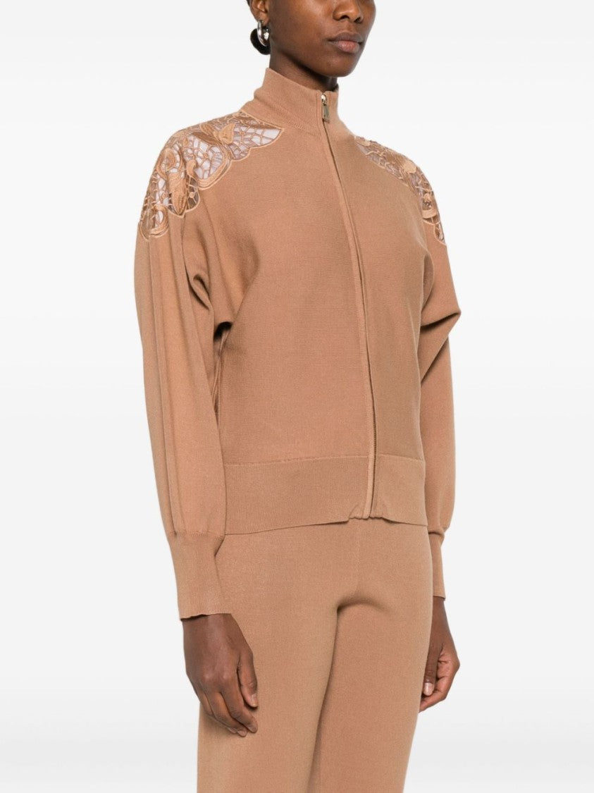 Twin-Set High Collar Lace Cut-Out Coat With Ribbed Hem