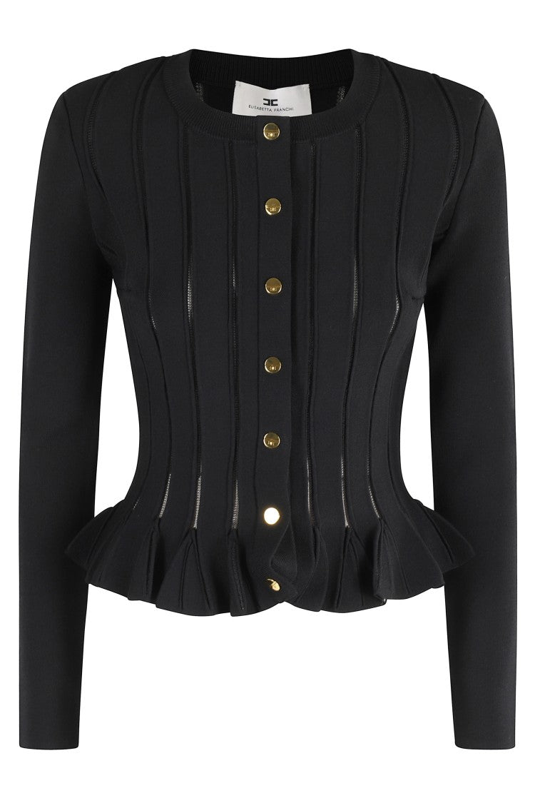 Elisabetta Franchi Tricot Pattern Sweater With Padded Shoulder Straps And Embroidered Hem