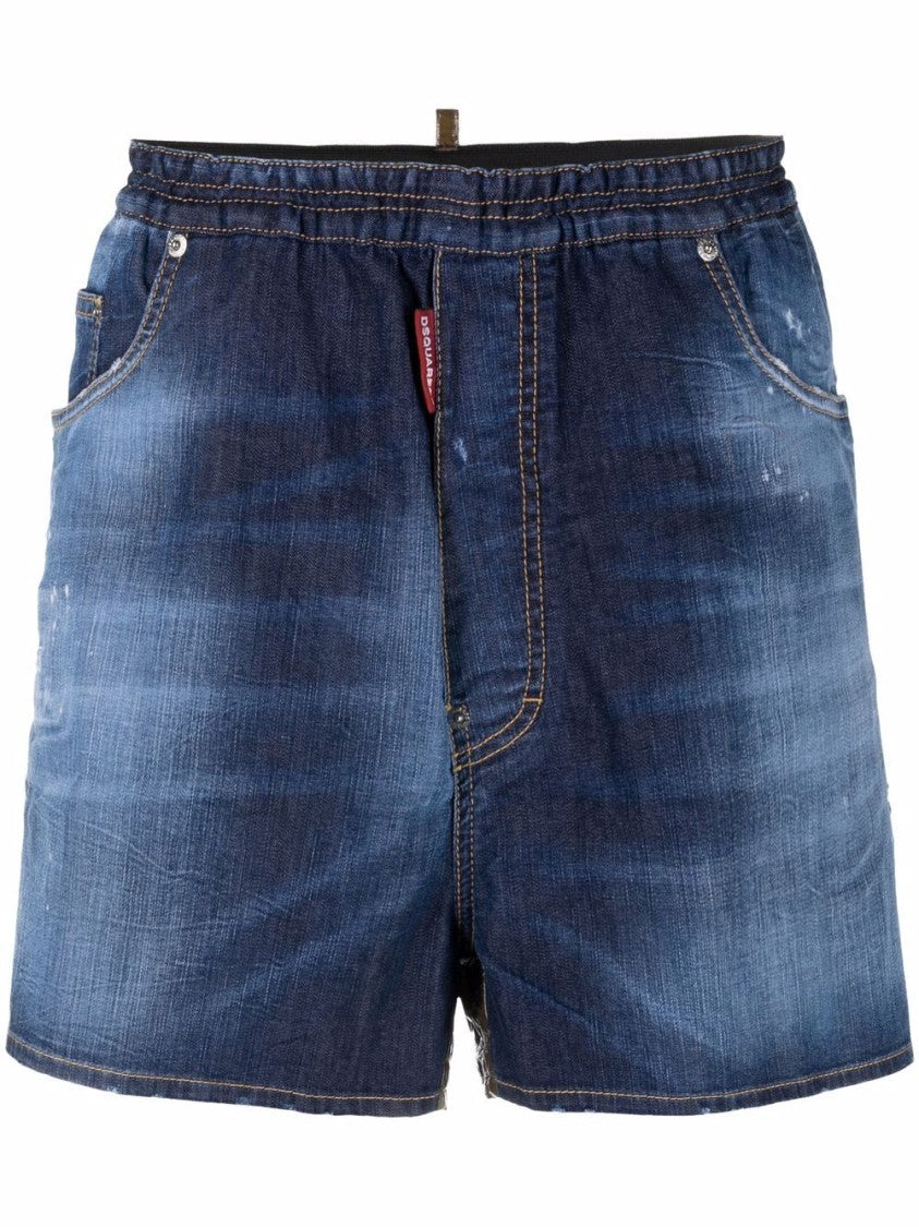 Dsquared2 Relaxed Fit Denim Shorts With Subtle Distress And Elastic Waistband