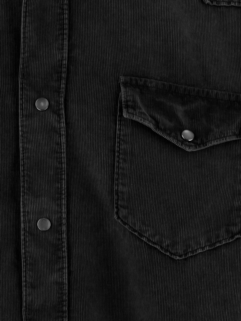 Gherardi Black Corduroy Shirt With Classic Collar And Flap Pockets