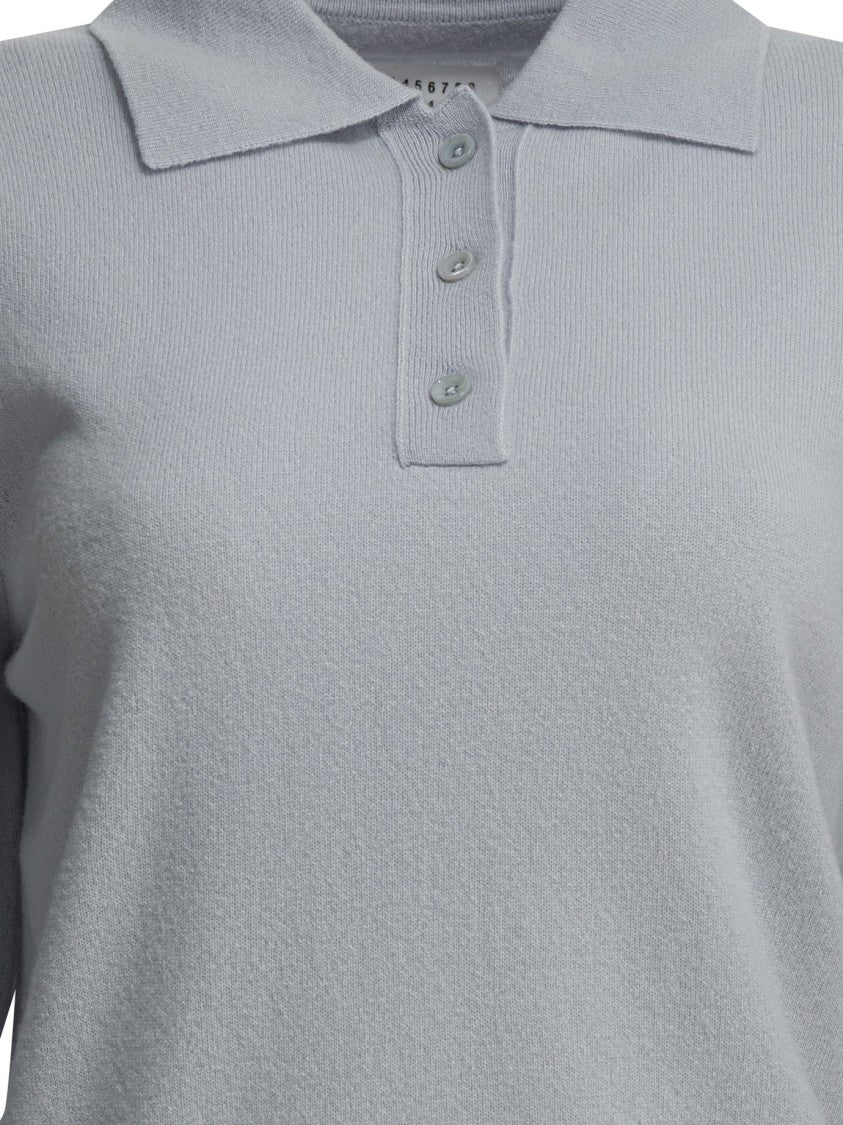 Maison Margiela Light Blue Wool Knitwear With Polo Collar And Ribbed Details