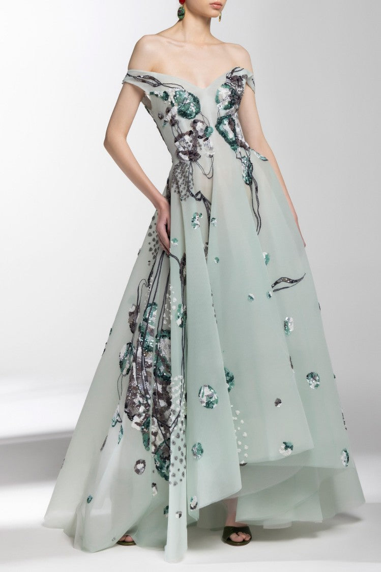 Saiid Kobeisy High-Low, Off-Shoulder Tulle Beaded Dress