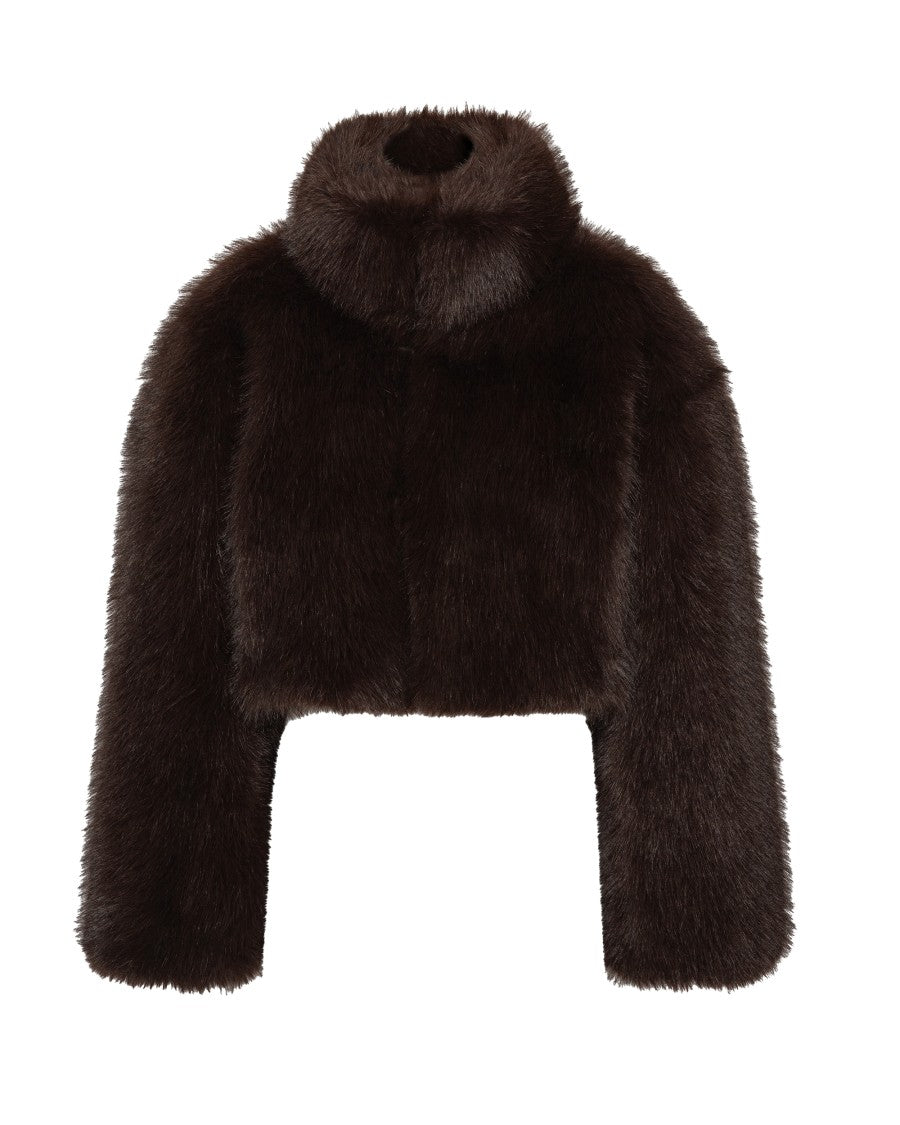Rotate Cropped High Collar Faux Fur Jacket