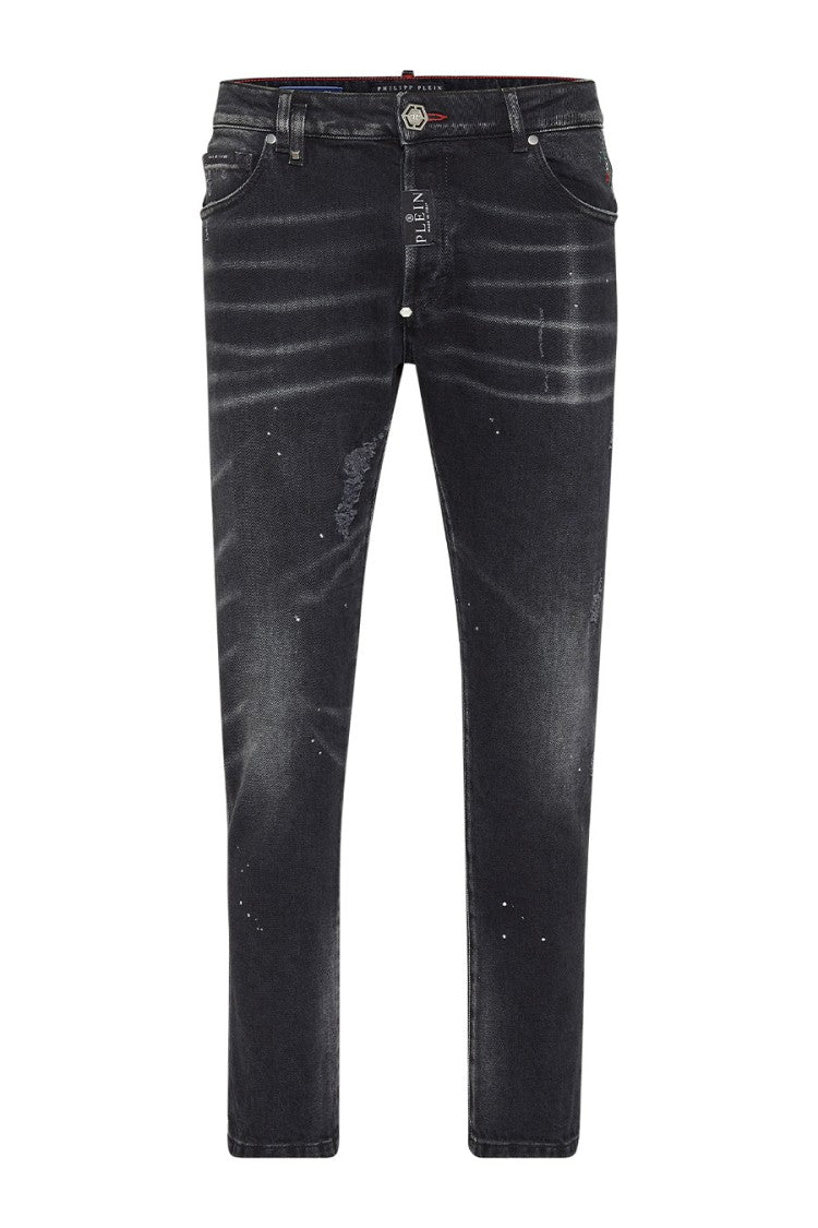 Philipp Plein Slim Fit Distressed Black Denim Jeans With Five-Pocket Design