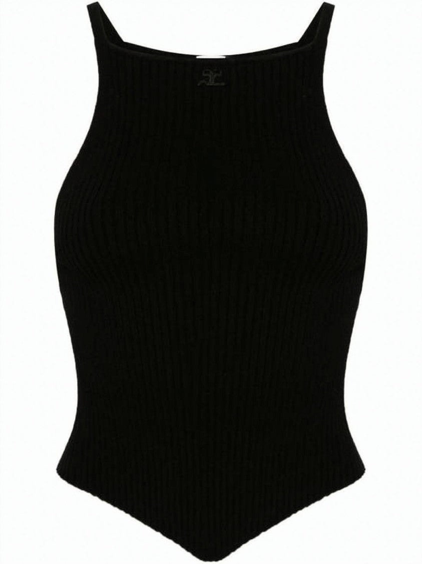 Courrèges Ribbed Black Sleeveless Top With Square Neckline