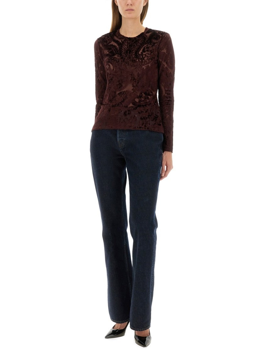 Etro Textured Velvet Long-Sleeve Top With Floral Patterns