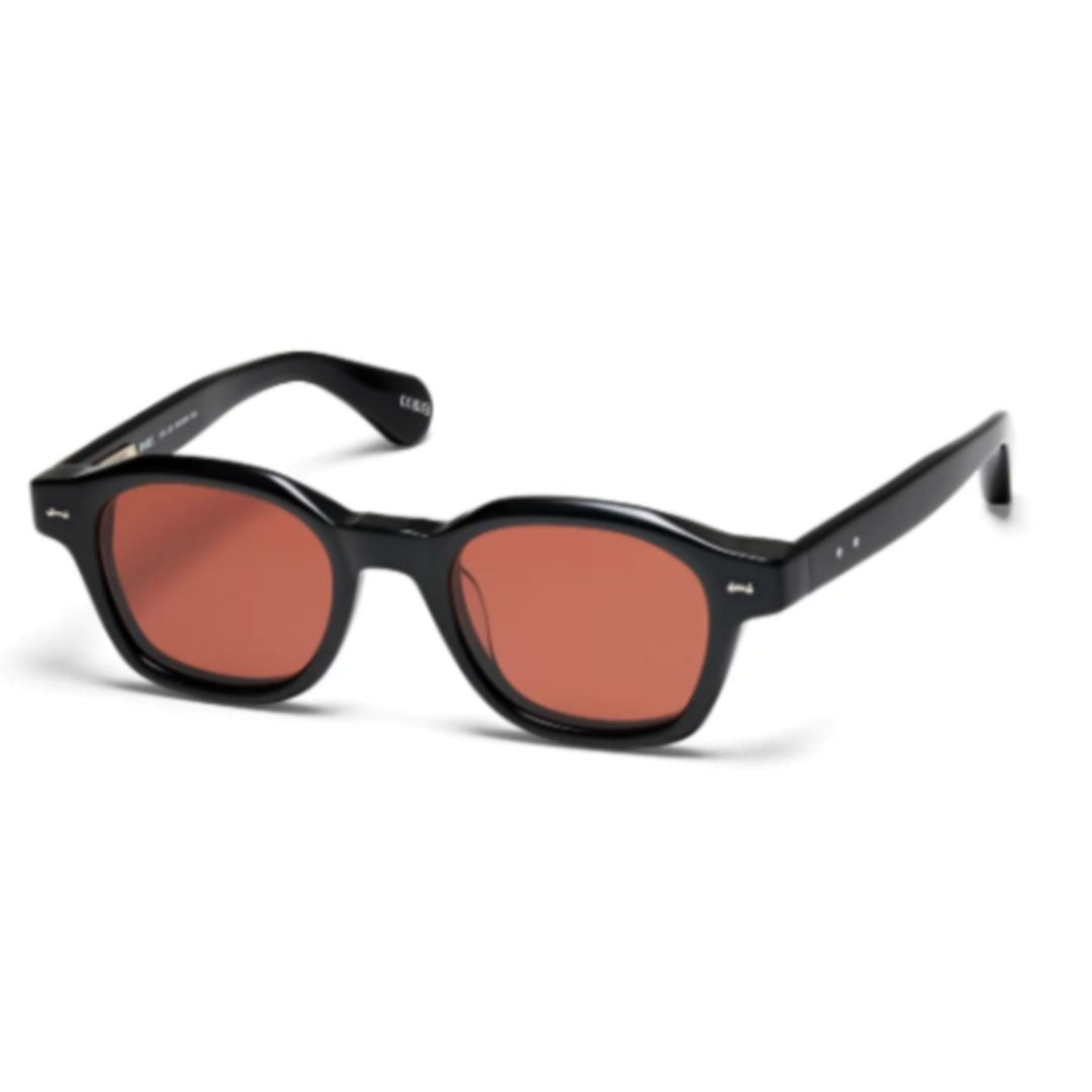 Peter And May Bold Black Acetate Sunglasses With Deep Bordeaux Lenses