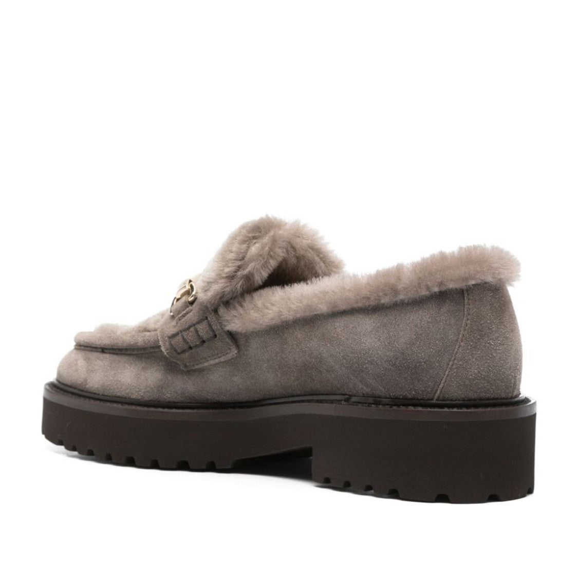 Doucal's Grey Plush Sheepskin Lining Flat Leather Loafers