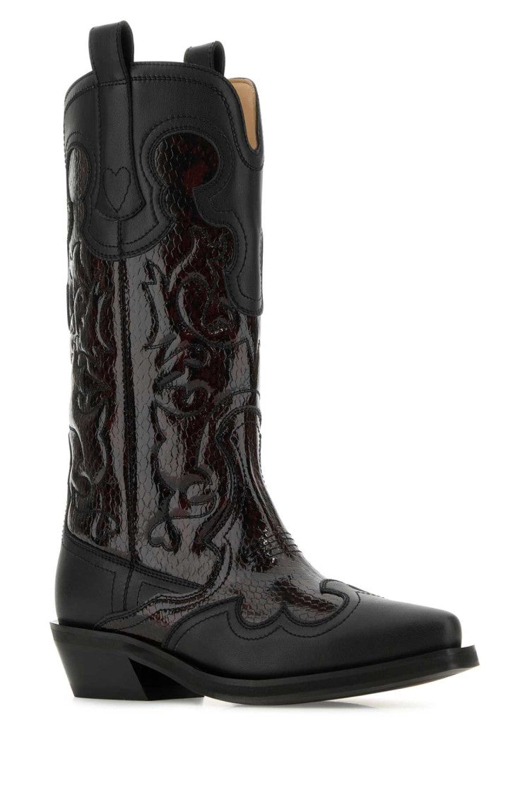 Ganni Black Leather Boots With Intricate Embossed Design