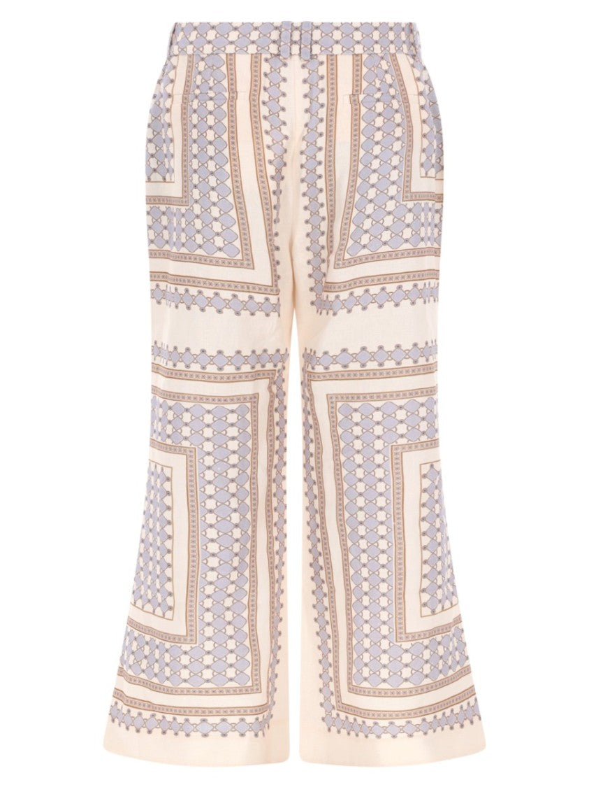 Zimmermann High-Waisted Linen Bell Bottoms With Geometric Pattern