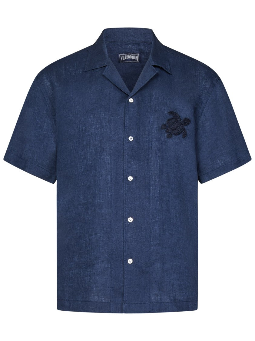 Vilebrequin Short-Sleeved Linen Bowling Shirt With Turtle Embroidery
