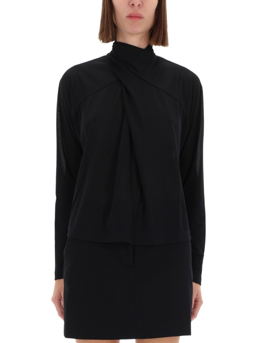 Versace Jeans Couture Black Draped Collar Pleated Shirt