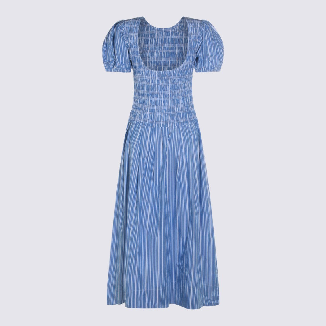 Ganni A-Line Midi Dress With Smocked Bodice And Puff Sleeves