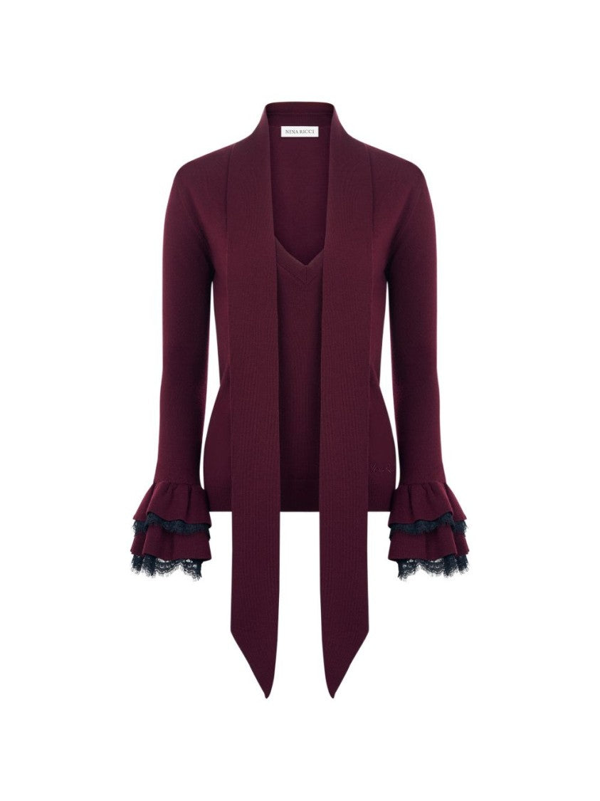 Nina Ricci Silk & Nylon Sweater With Ruffled Cuffs And Scarf Detail