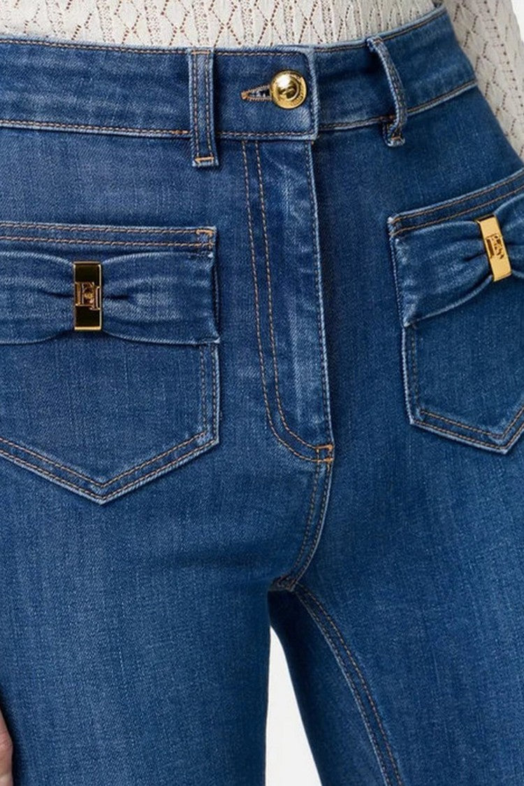Elisabetta Franchi Blue Flap Pocket Gold Button Cotton-Blend Flared Pants