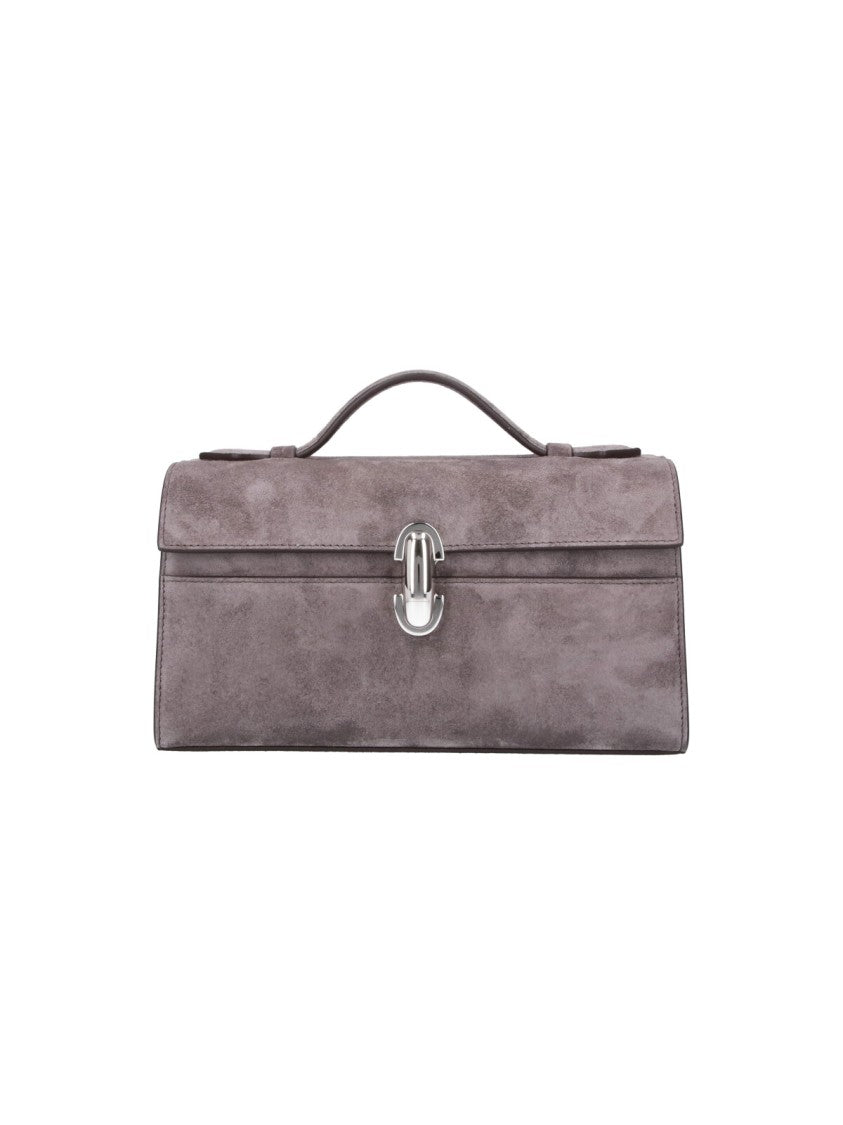 Savette Grey Symmetry Turn-Lock Top-Handle Suede Clutch