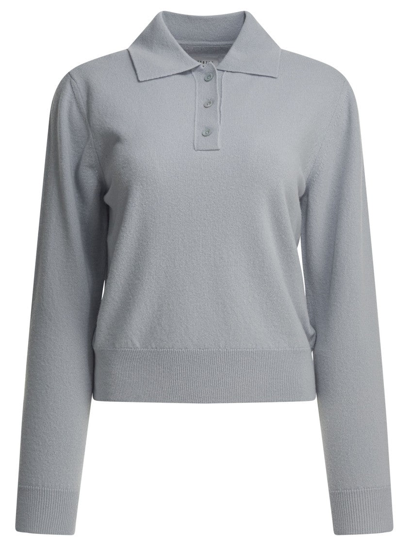 Maison Margiela Light Blue Wool Knitwear With Polo Collar And Ribbed Details