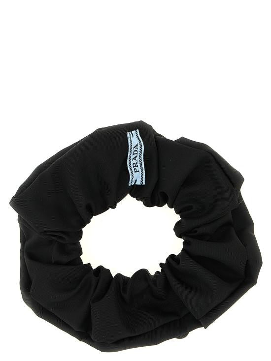 Prada Gathered Fabric Black Scrunchie With Logo Detail