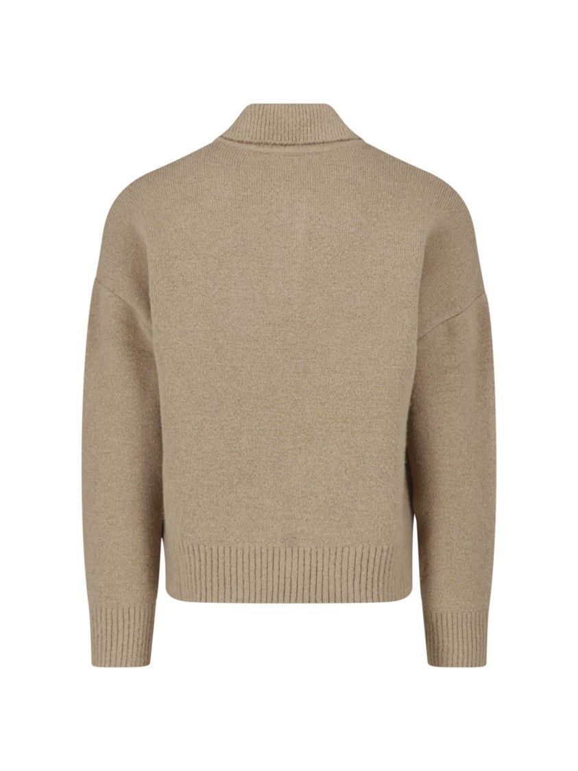 Ami Paris Beige Wool Blend Cardigan With Classic Collar And Intarsia Logo