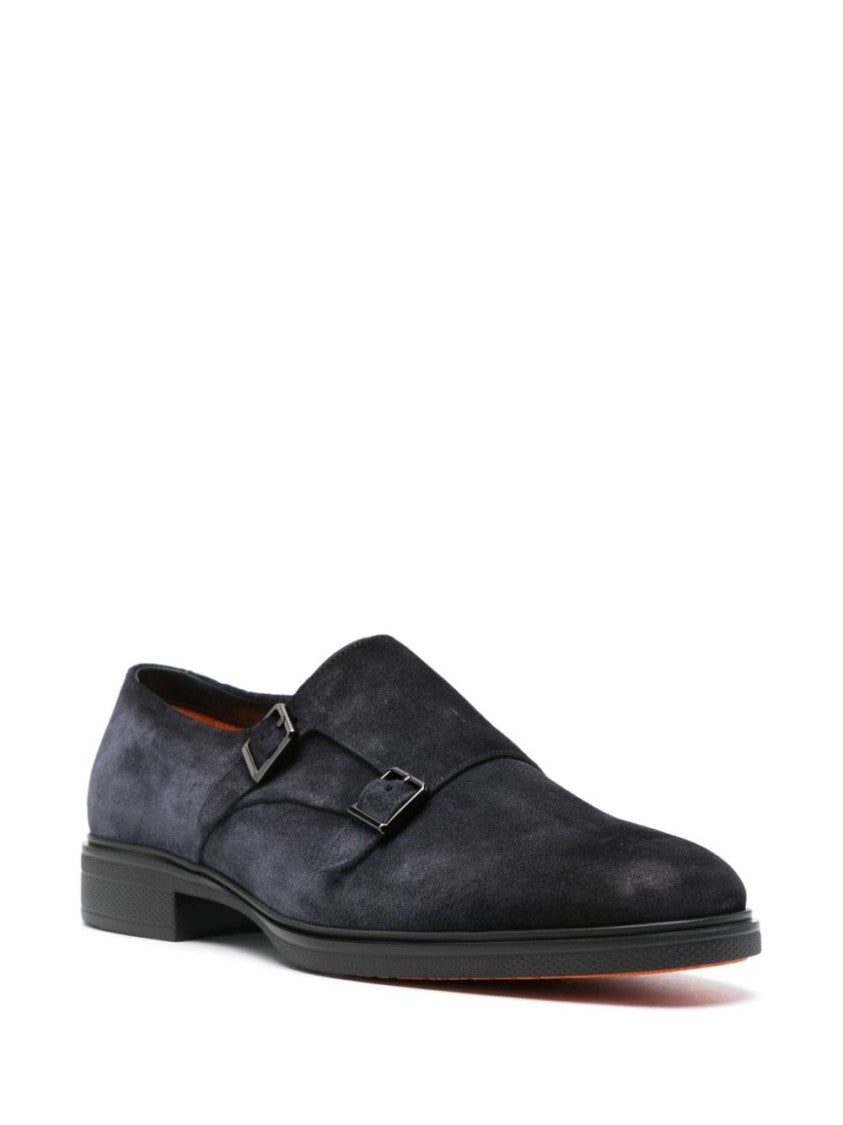 Santoni Black Suede Moccasin With Double Monk Strap