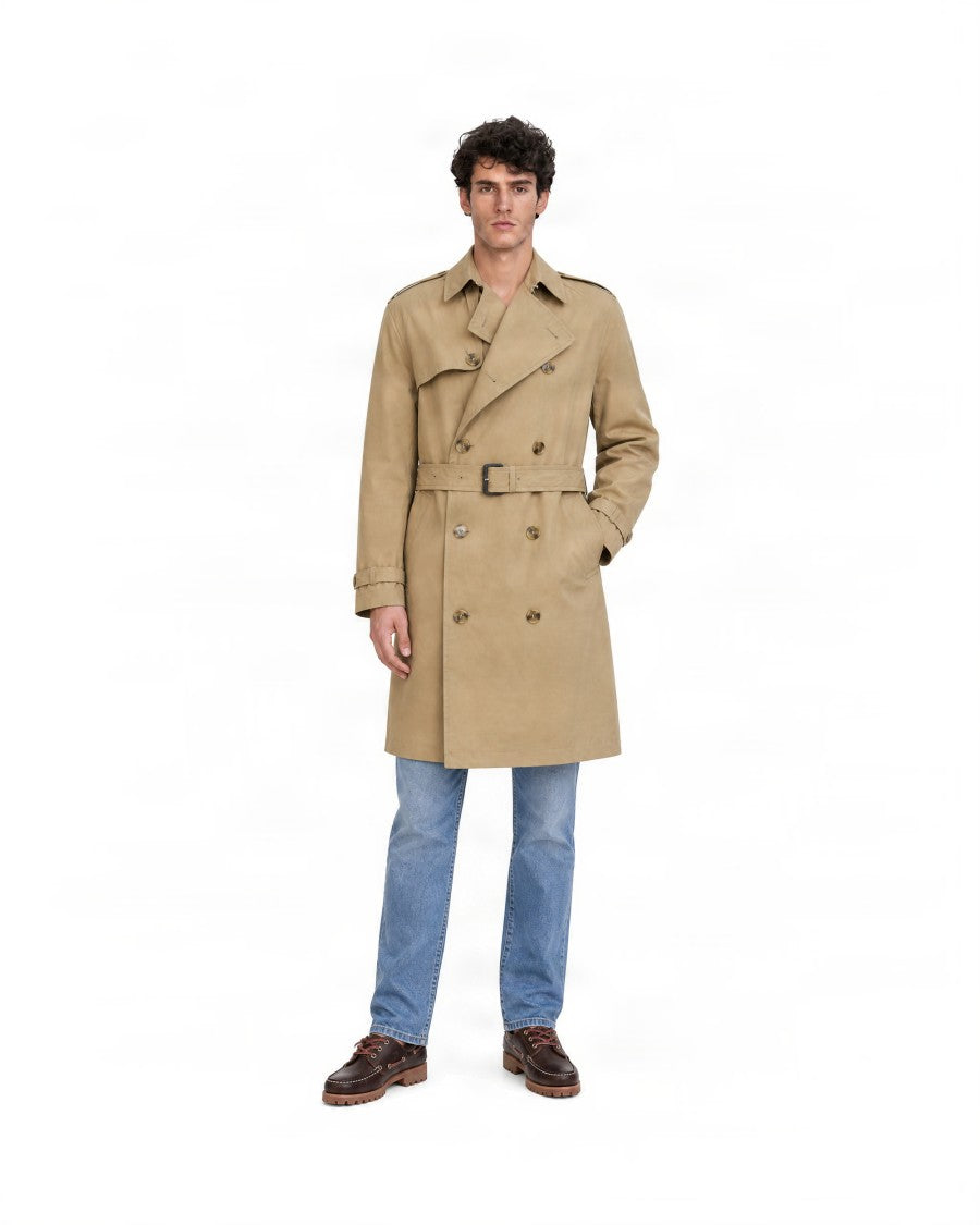 Boss Camel Double-Breasted Belted Cotton Trench Coat