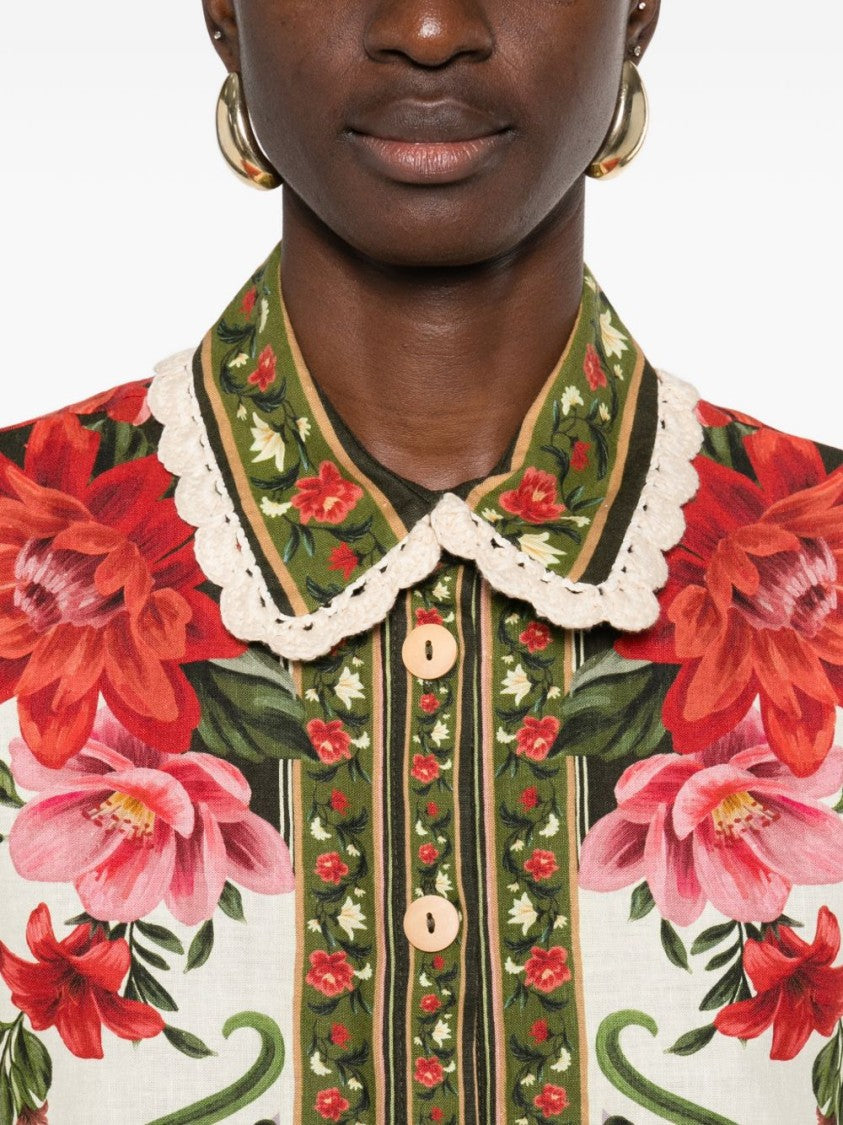Farm Rio Multicolor Floral Motif Linen-Viscose Shirt