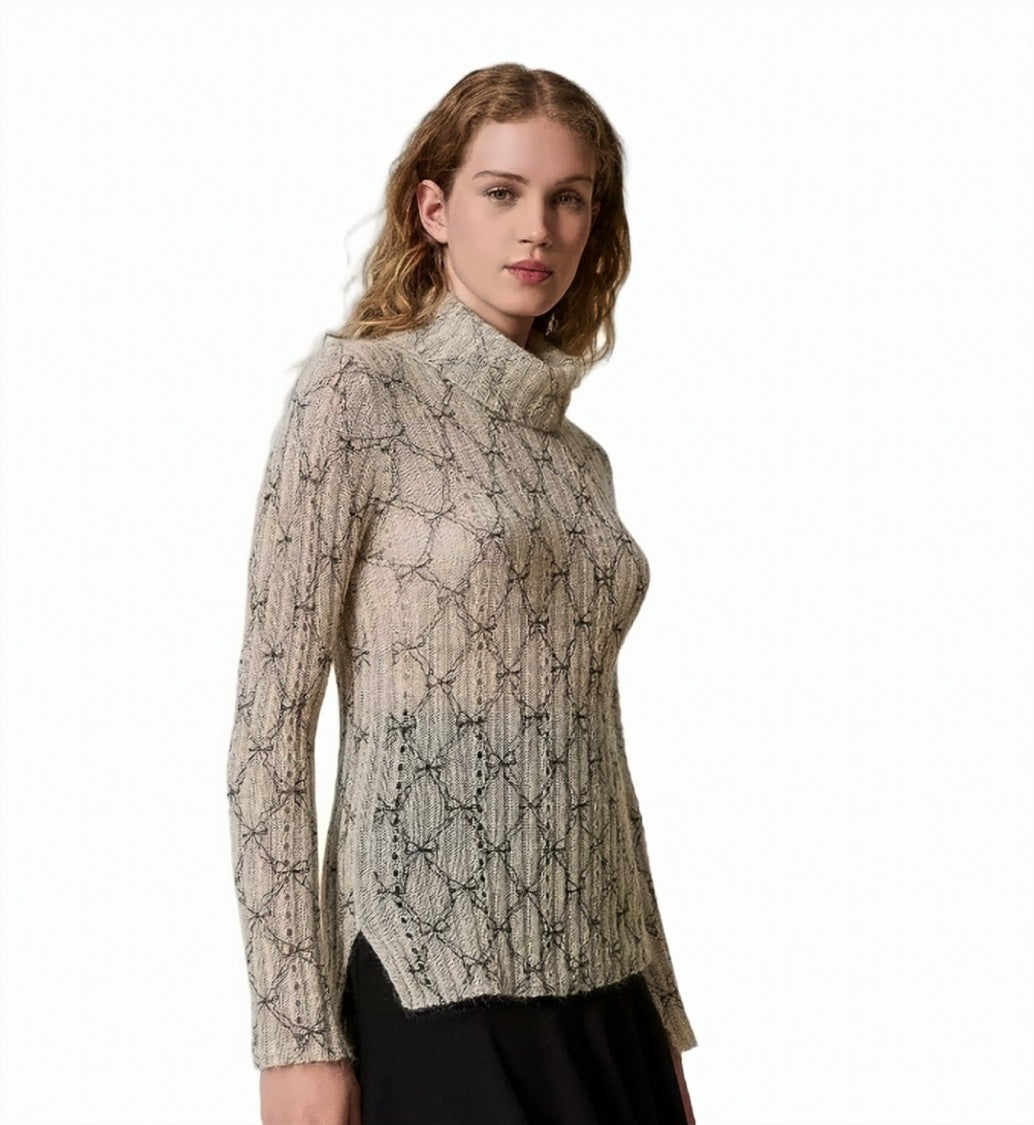 Twin-Set White Cream/Black Mohair-Blend Metallic Bow Print Turtleneck Top