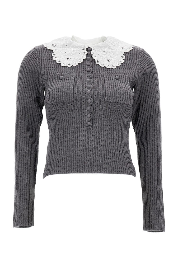 Self-Portrait Ribbed Knit Top With Scalloped Lace Collar And Button Detail