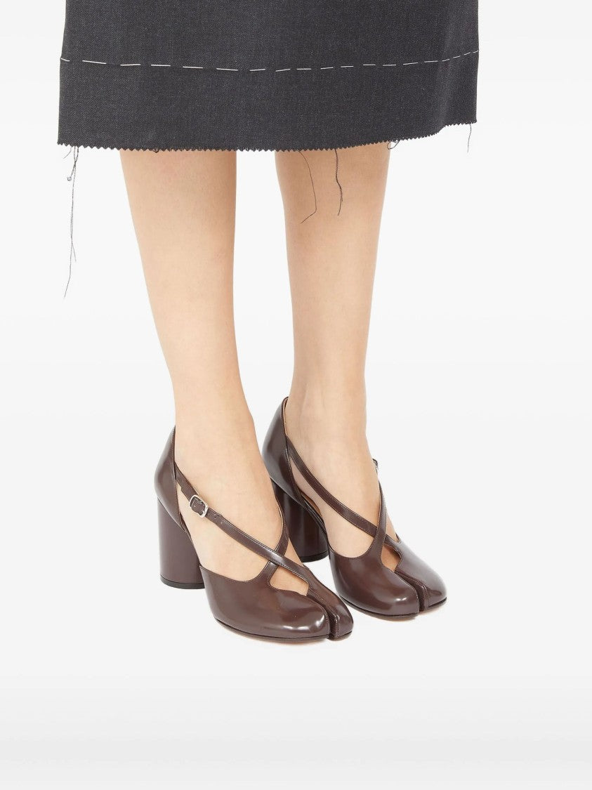 Maison Margiela Chocolate Leather Tabi Pumps With Crisscross Strap Detail