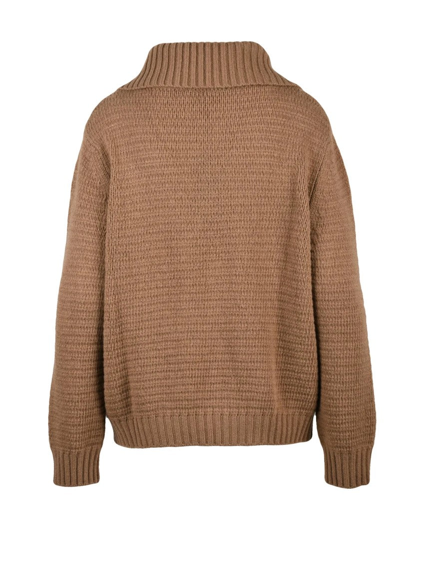 Max Mara Textured Knit Polo Sweater In Warm Brown Virgin Wool