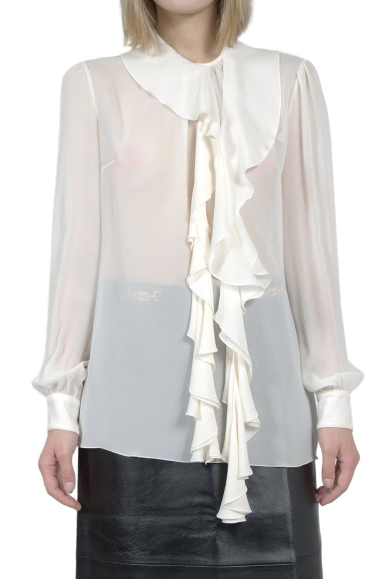 Dolce & Gabbana White Silk Ruffle-Front Tie-Neck Blouse