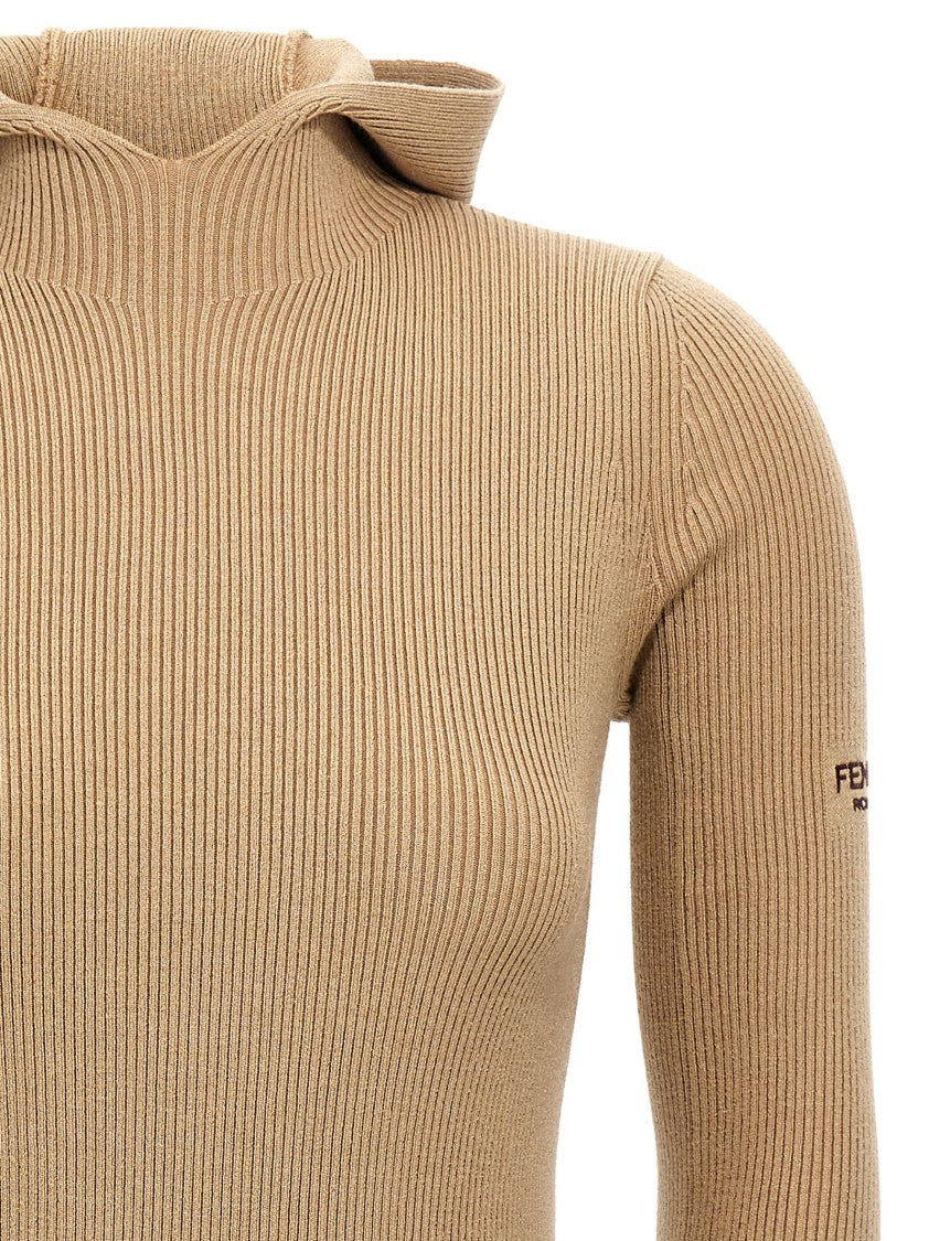 Fendi Ribbed Wool-Silk Hooded Dress With Slit Details