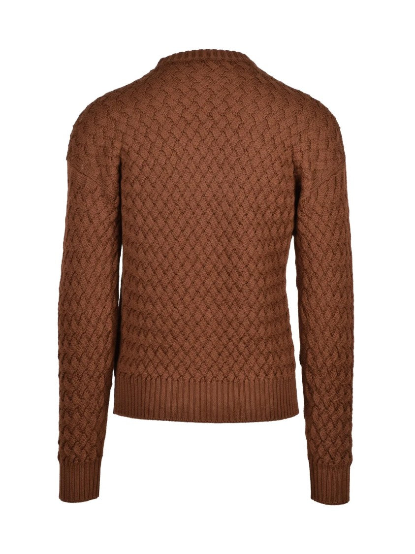 Alpha Studio Brown Cable Knit Sweater With Classic Crew Neck And Ribbed Details