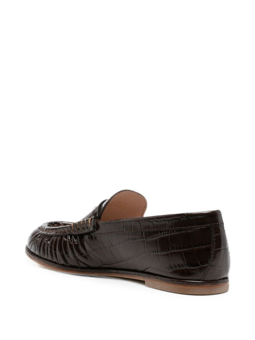 Stuart Weitzman Black Crocodile-Embossed Flat Classic Penny Loafers