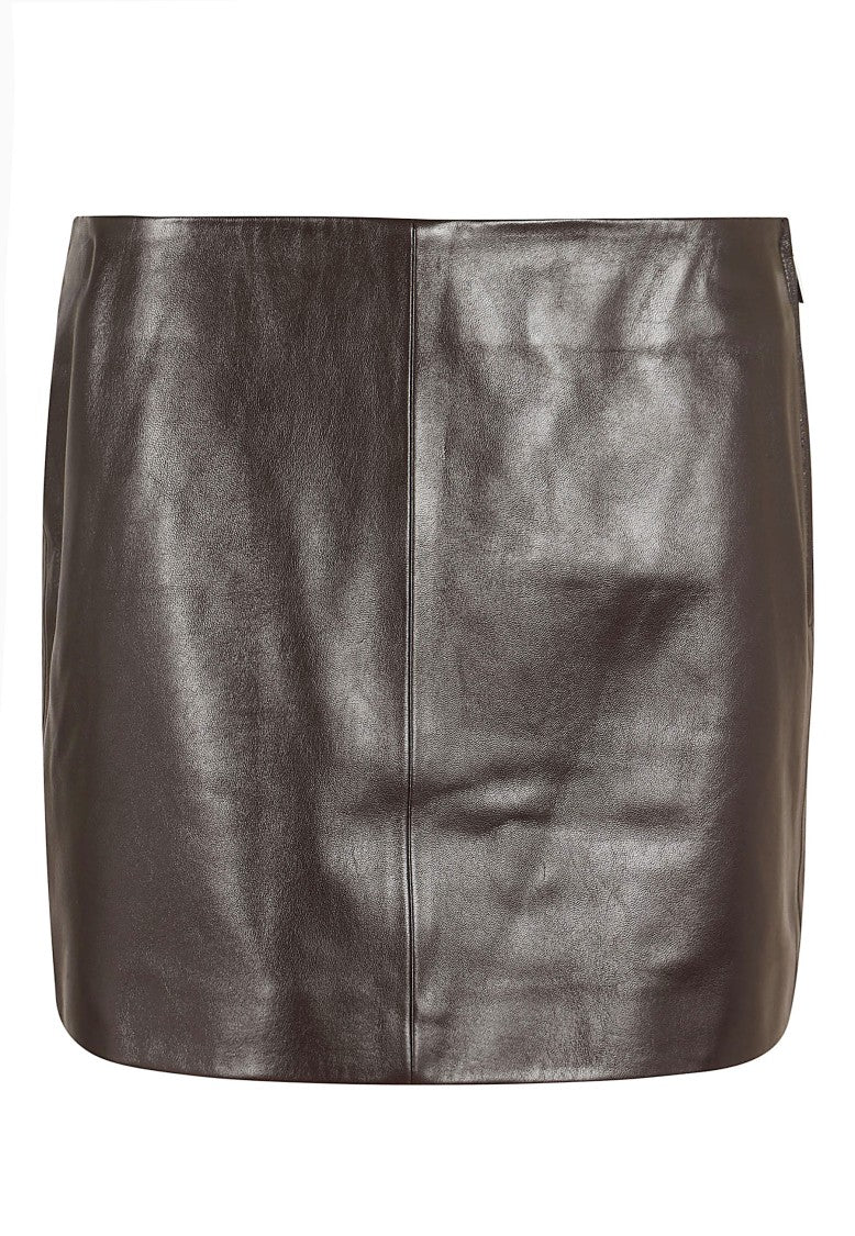 Arma Brown Leather Mini Skirt With Central Seam And Discreet Zipper