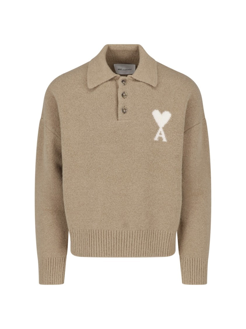 Ami Paris Beige Wool Blend Cardigan With Classic Collar And Intarsia Logo