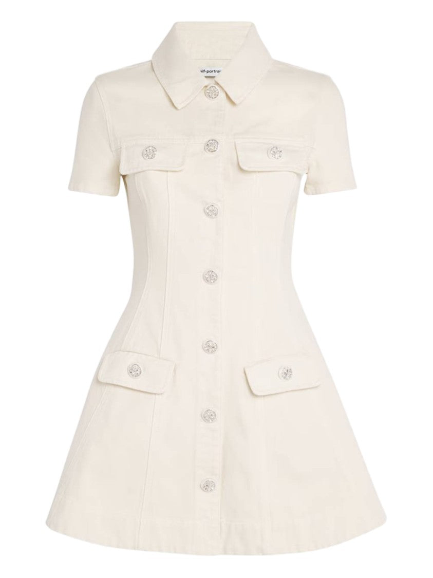 Self-Portrait Beige Short-Sleeve Dress With Fitted Bodice