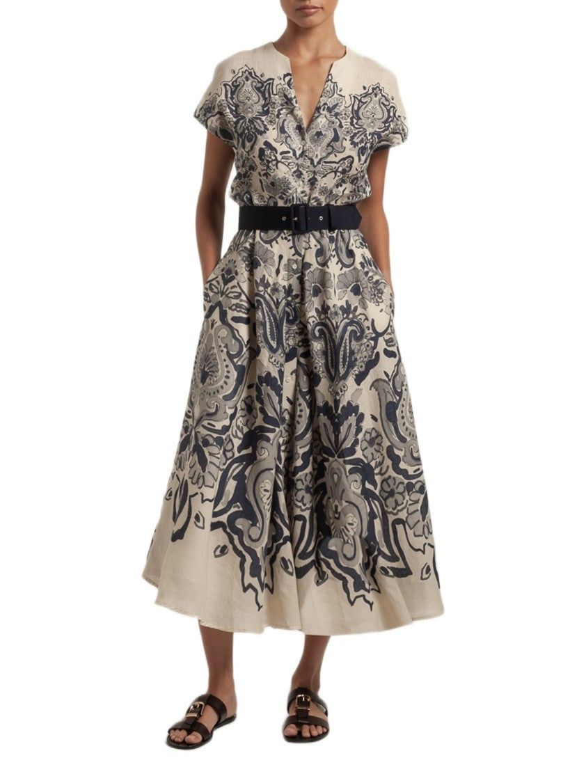 Sara Roka Navy Blue Damask Print Midi Dress With Batwing Sleeves