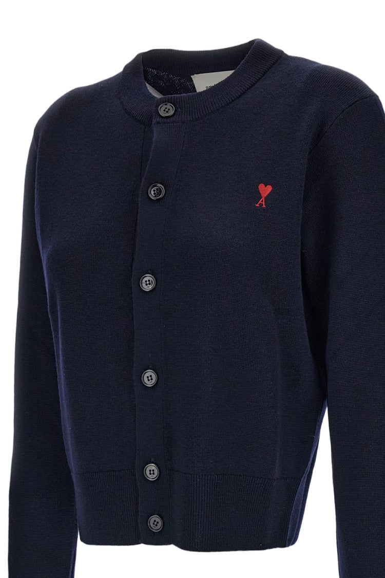 Ami Paris Blue Ami De Coeur Merino Wool Crewneck Cardigan