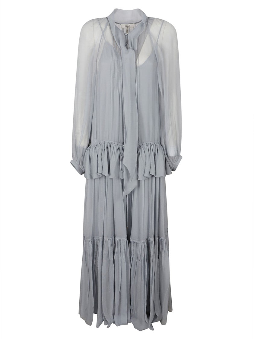 Chloé Delicate Grey Silk Midi Dress With Sheer Sleeves