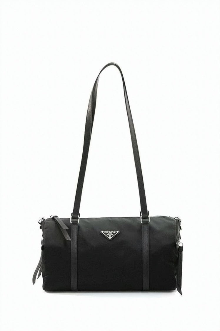 Prada Cylindrical Black Shoulder Bag With Triangular Logo