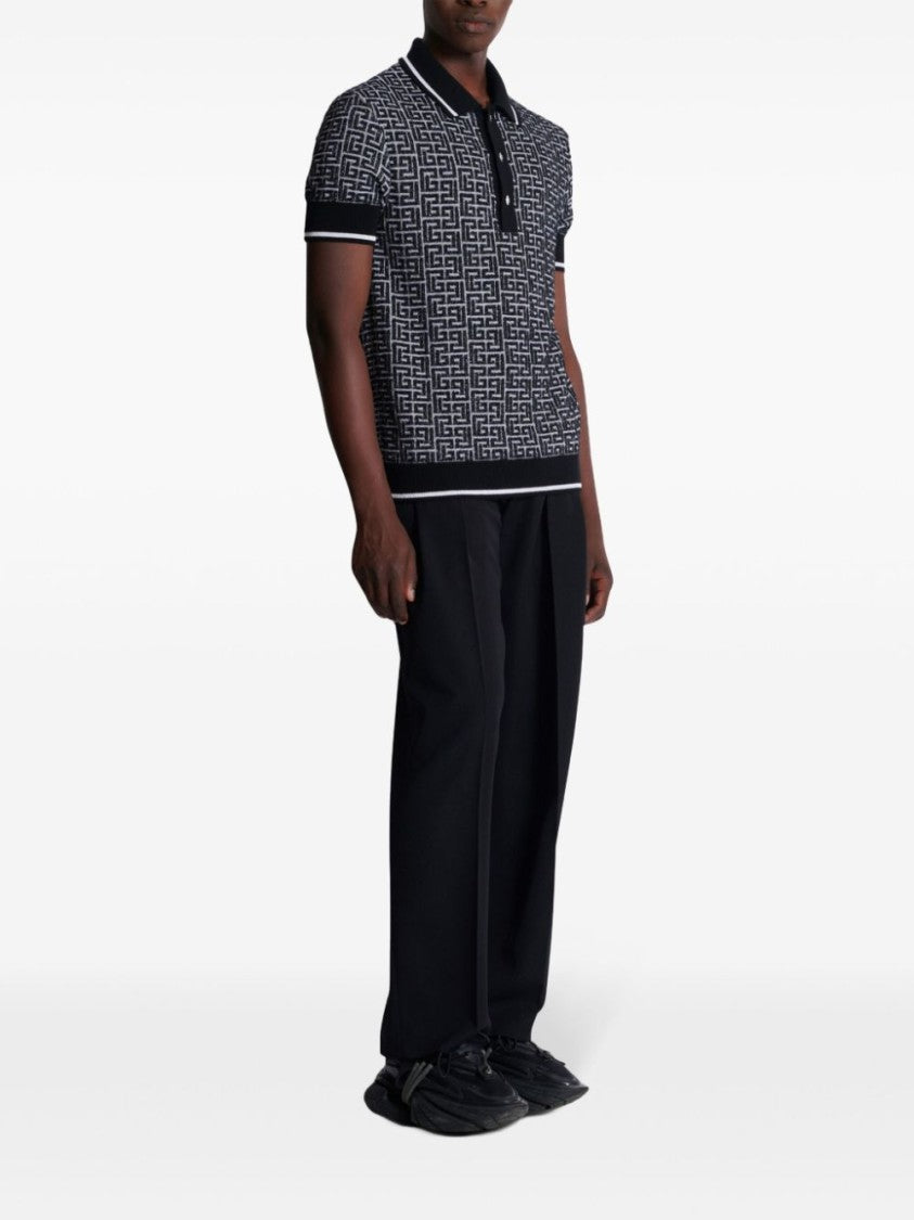 Balmain Black Merino Wool Patterned Jacquard Polo