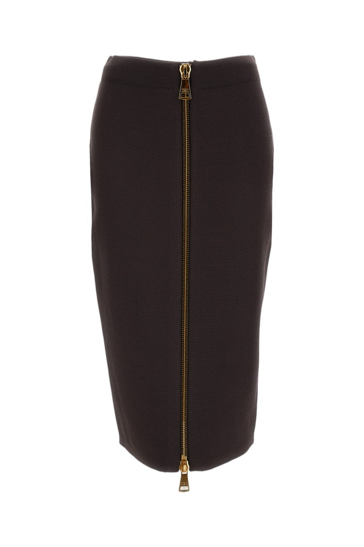 Elisabetta Franchi Brown Gold-Zip Compact Knit Midi Pencil Skirt