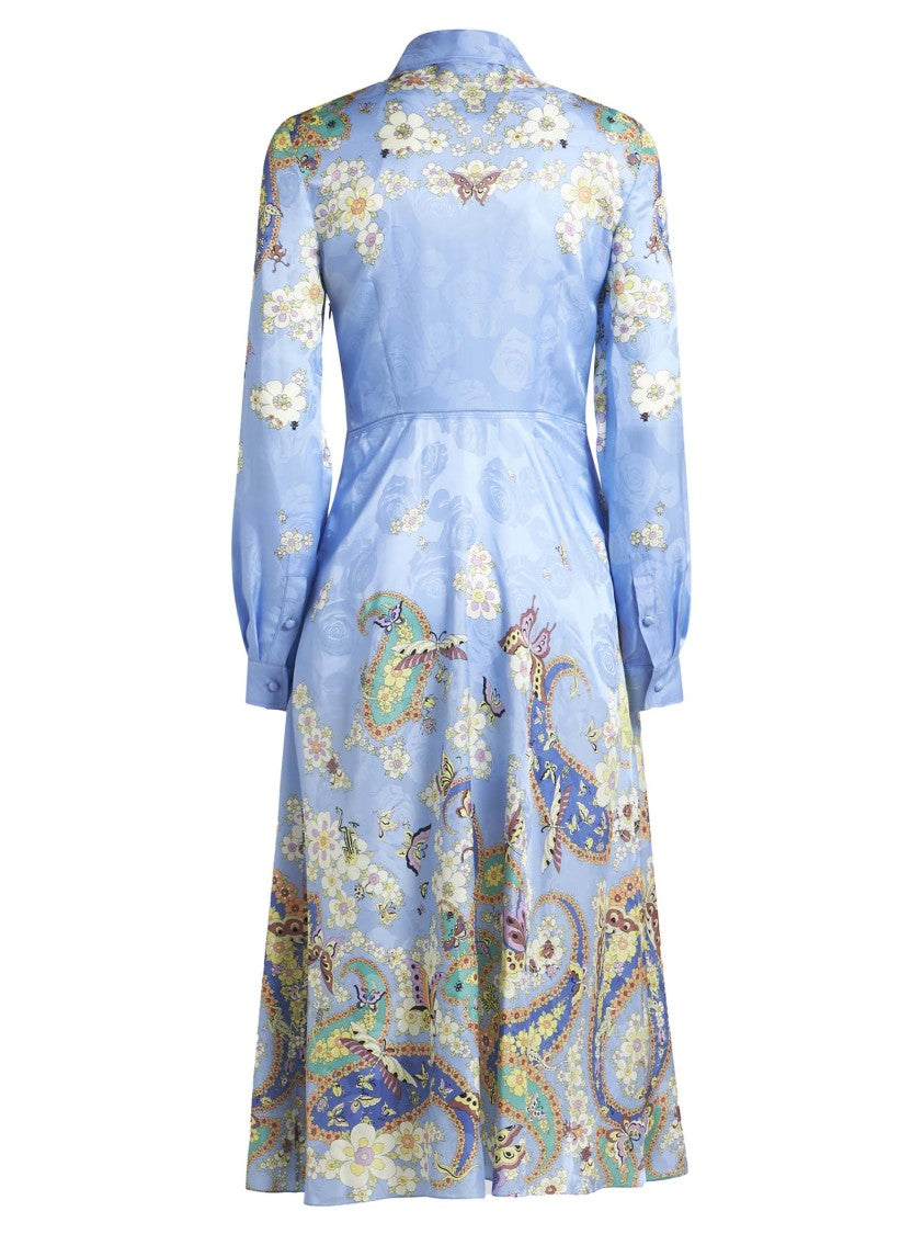 Etro Floral Print Light Blue Midi Shirtdress With Cinched Waist