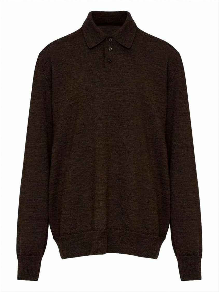 Maison Margiela Dark Brown Wool Knit Polo Sweater With Suede Elbow Patches
