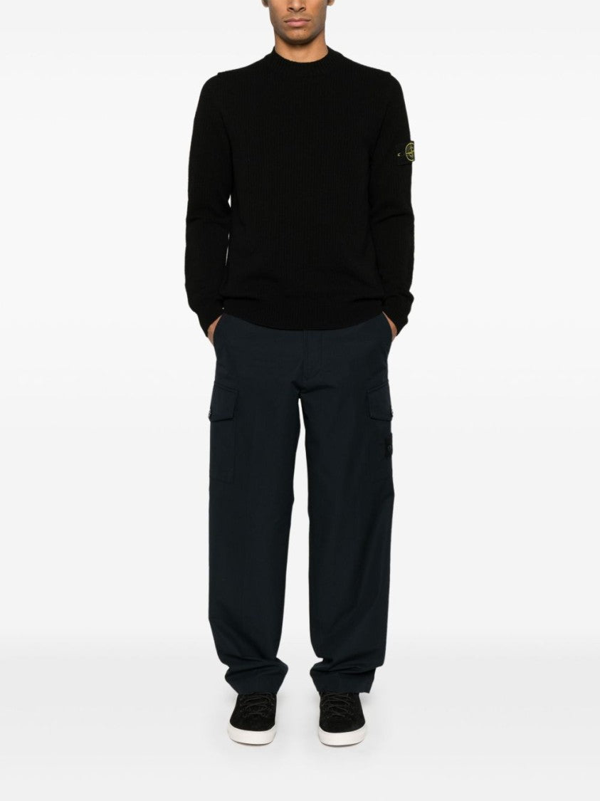 Stone Island Ribbed Black Sweater With Classic Crew Neckline