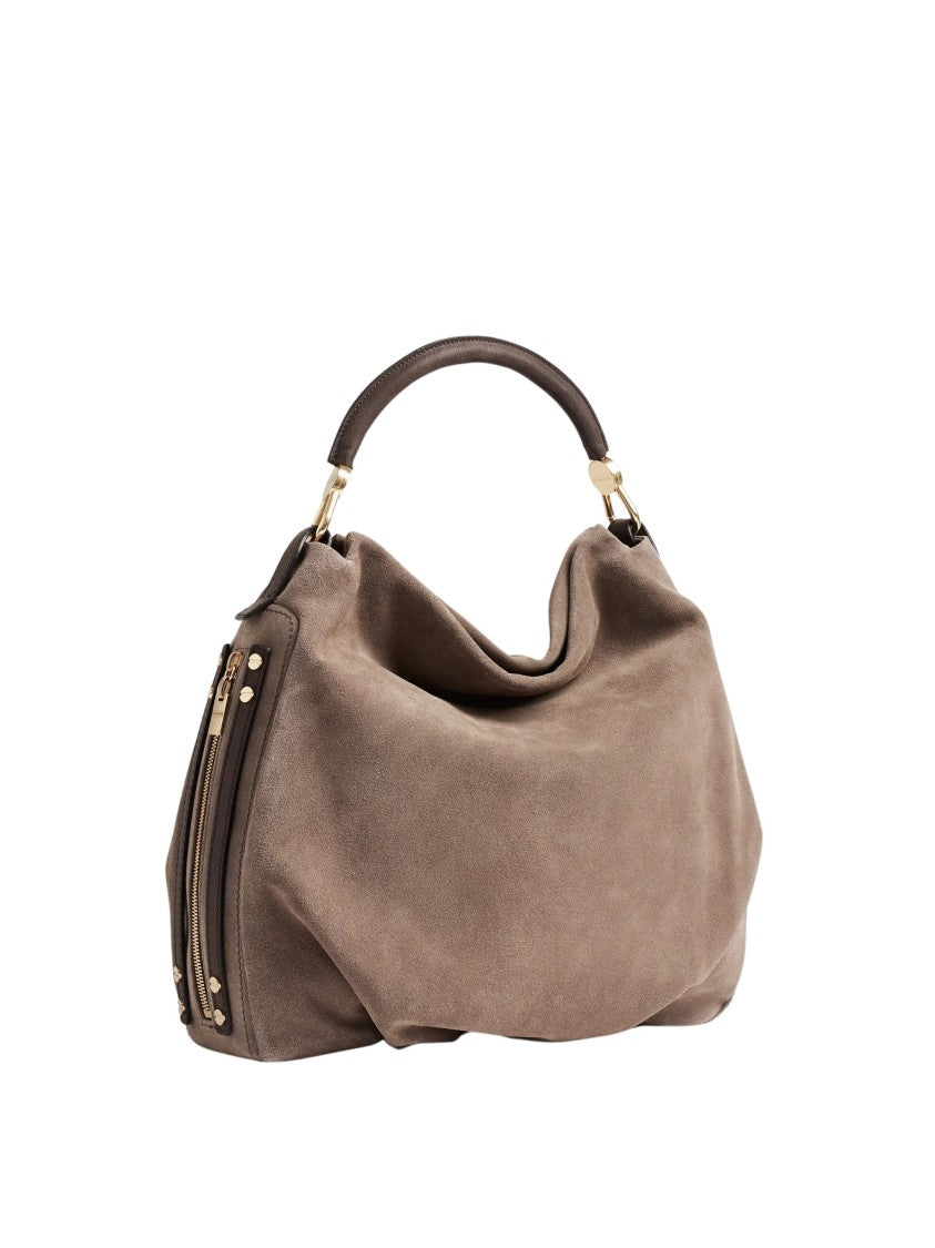 Borbonese Medium-Sized Hobo Bag In Split Suede With Calfskin Accents