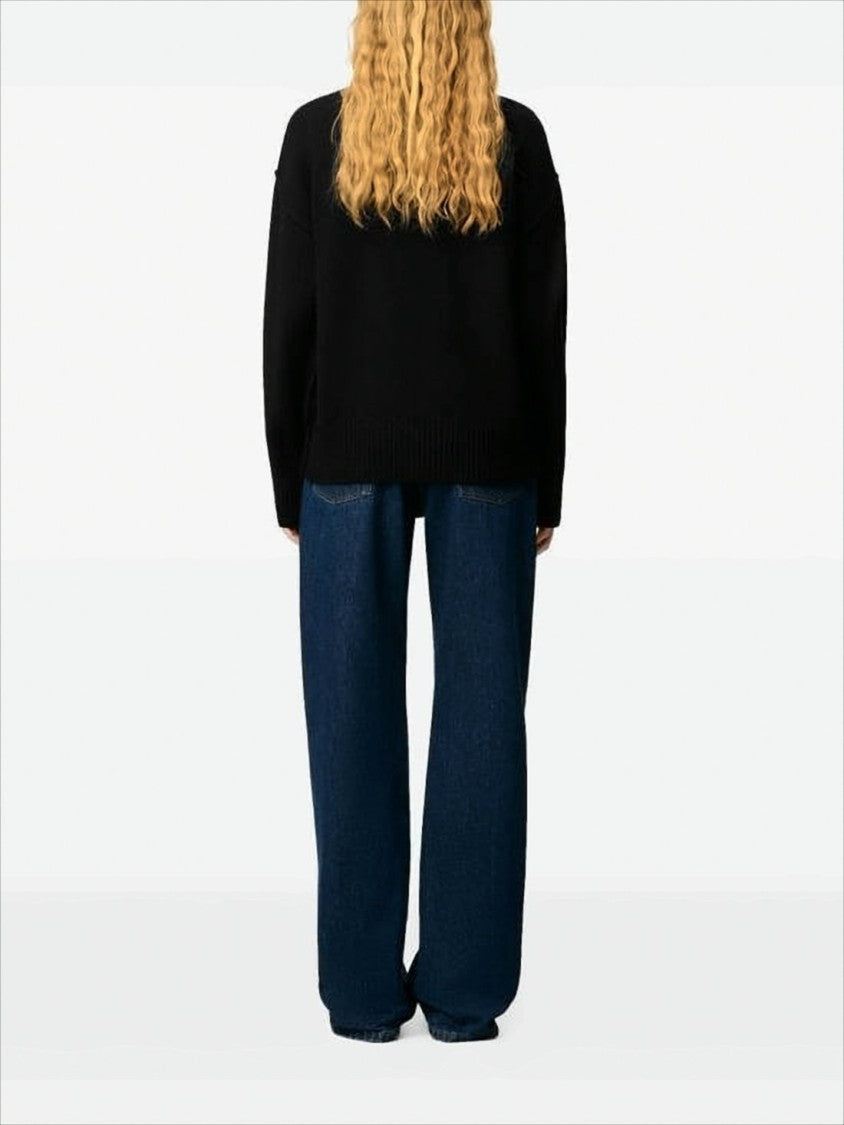 Ami Paris Relaxed Fit Black Wool Sweater With Heart Emblem