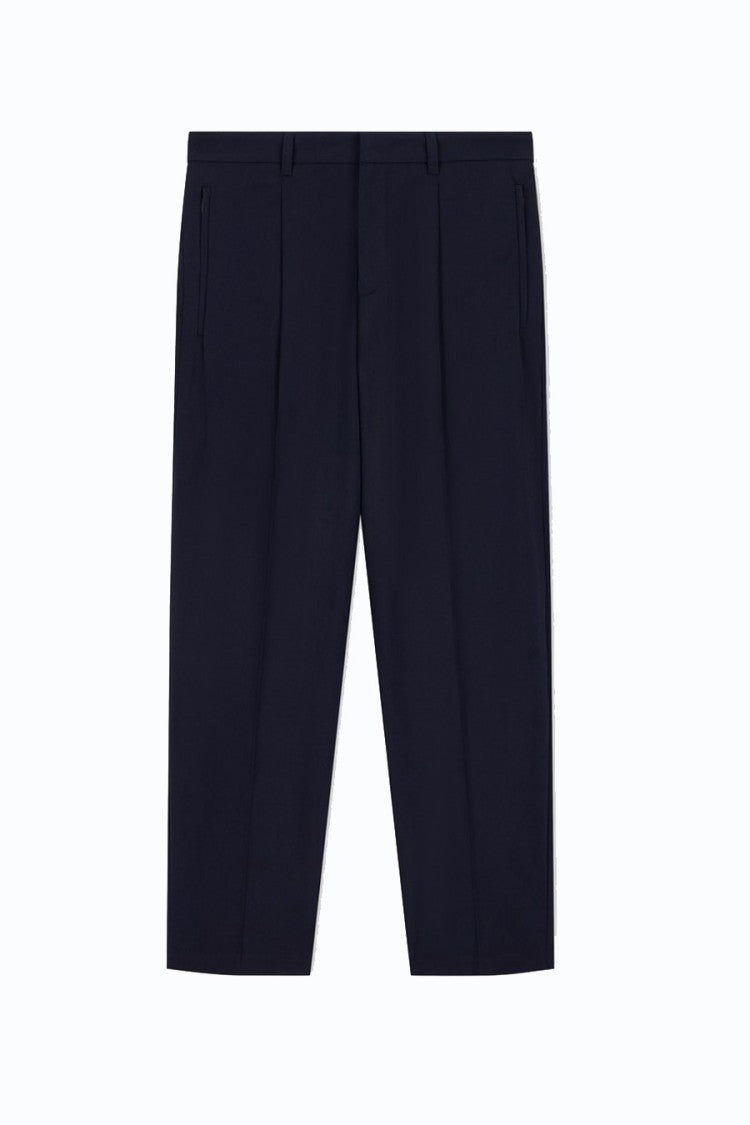 Emporio Armani Navy Pleated Tapered Viscose-Blend Pants